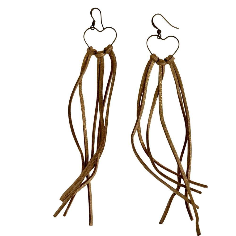 Handcrafted Metallic Gold Leather Tassel Heart Earrings Boho Western Fringe New